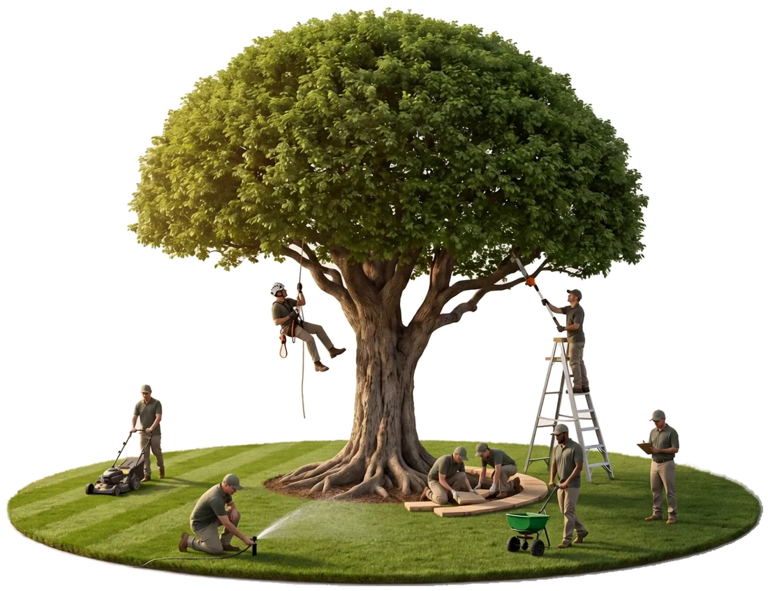 A crew at work around one shade tree: a climber on a rope, a pruner on a ladder, a mower, a sprinkler fitter, a spreader, two paver layers and a crew lead with a clipboard.